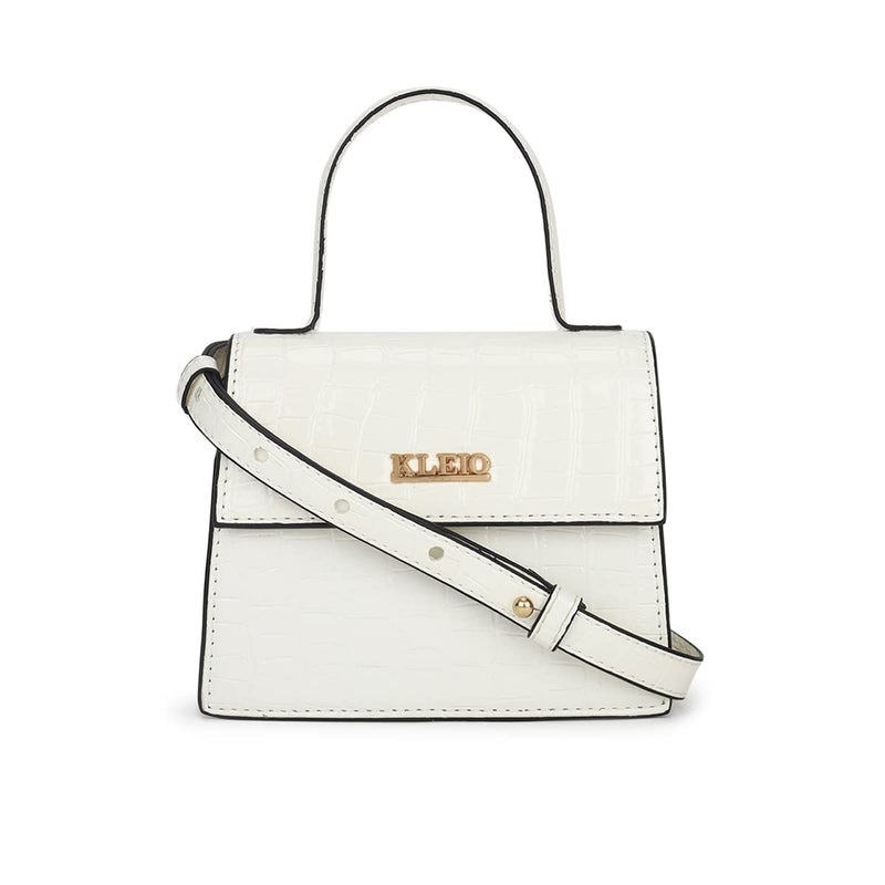 KLEIO PU Leather Mini Handbag for Women with Top Handle and Detachable Crossbody Sling - White - Image 4